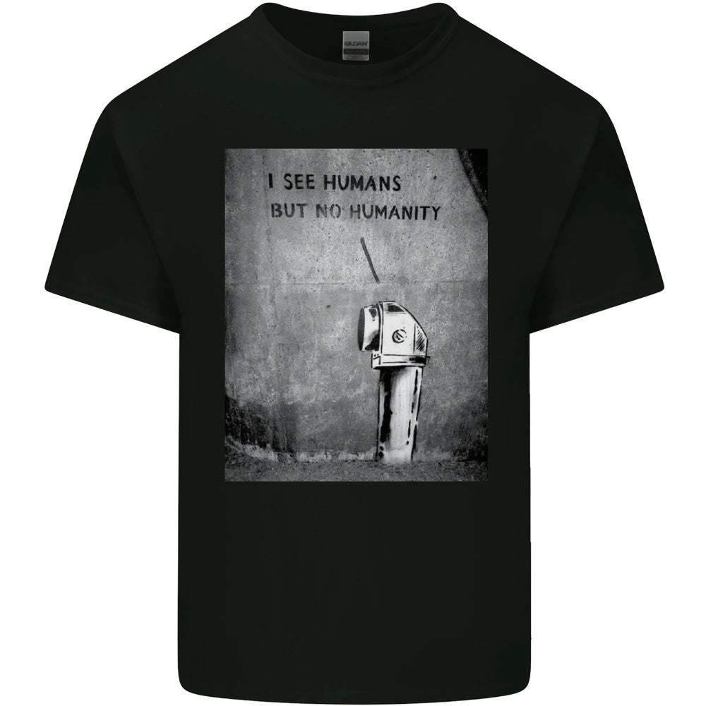[Breathable Fabric] "I See Humans but No Humanity" Graffiti-Inspired Men'S Cotton T-Shirt - Casual Crew Neck, Applique Detail, All-Season Wear, Black with White Art Print, Everyday Tshirt | Streetwear Fashion | Quality Print, T Shirt