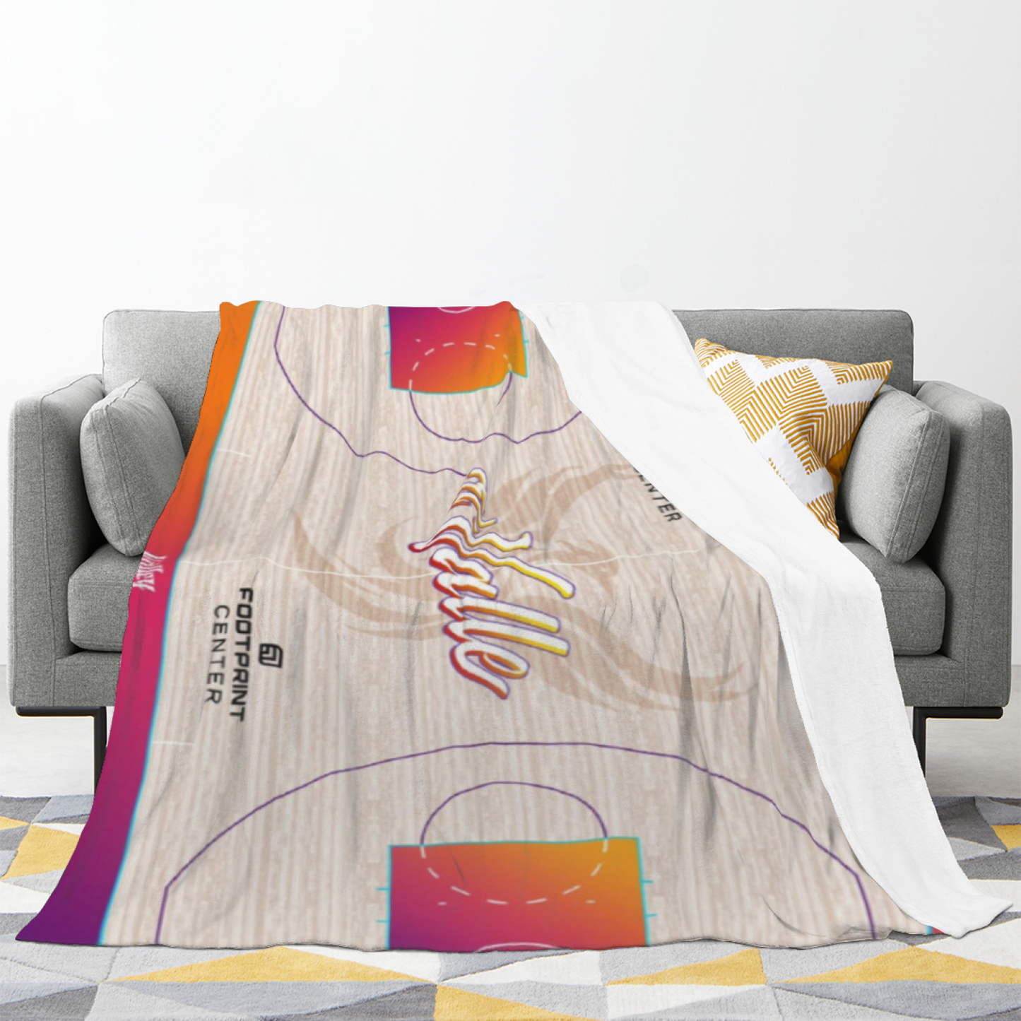 Phoenix Suns-Inspired Basketball Court Flannel Throw Blanket ¨C Orange and Purple Sports Graphic