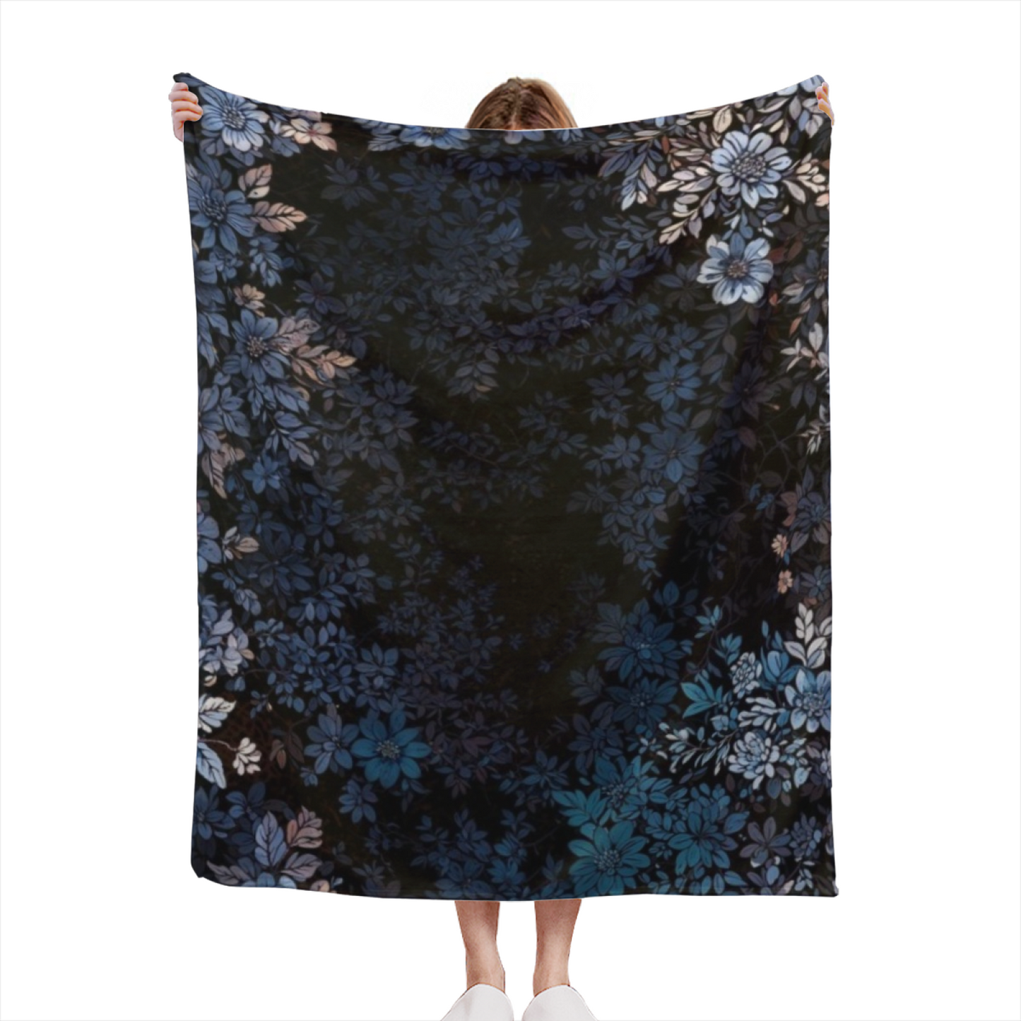 Deep Blue Floral Flannel Throw Blanket ¨C Dark Botanical Pattern