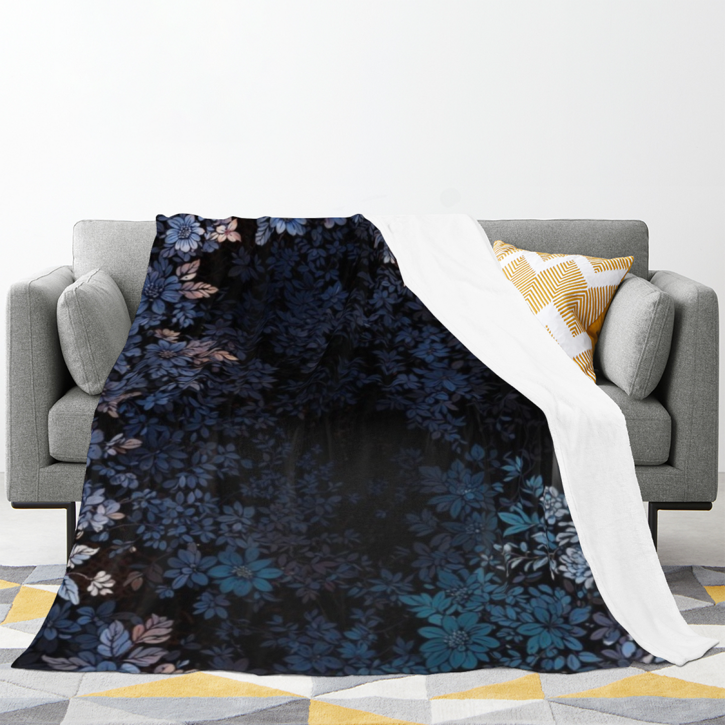 Deep Blue Floral Flannel Throw Blanket ¨C Dark Botanical Pattern