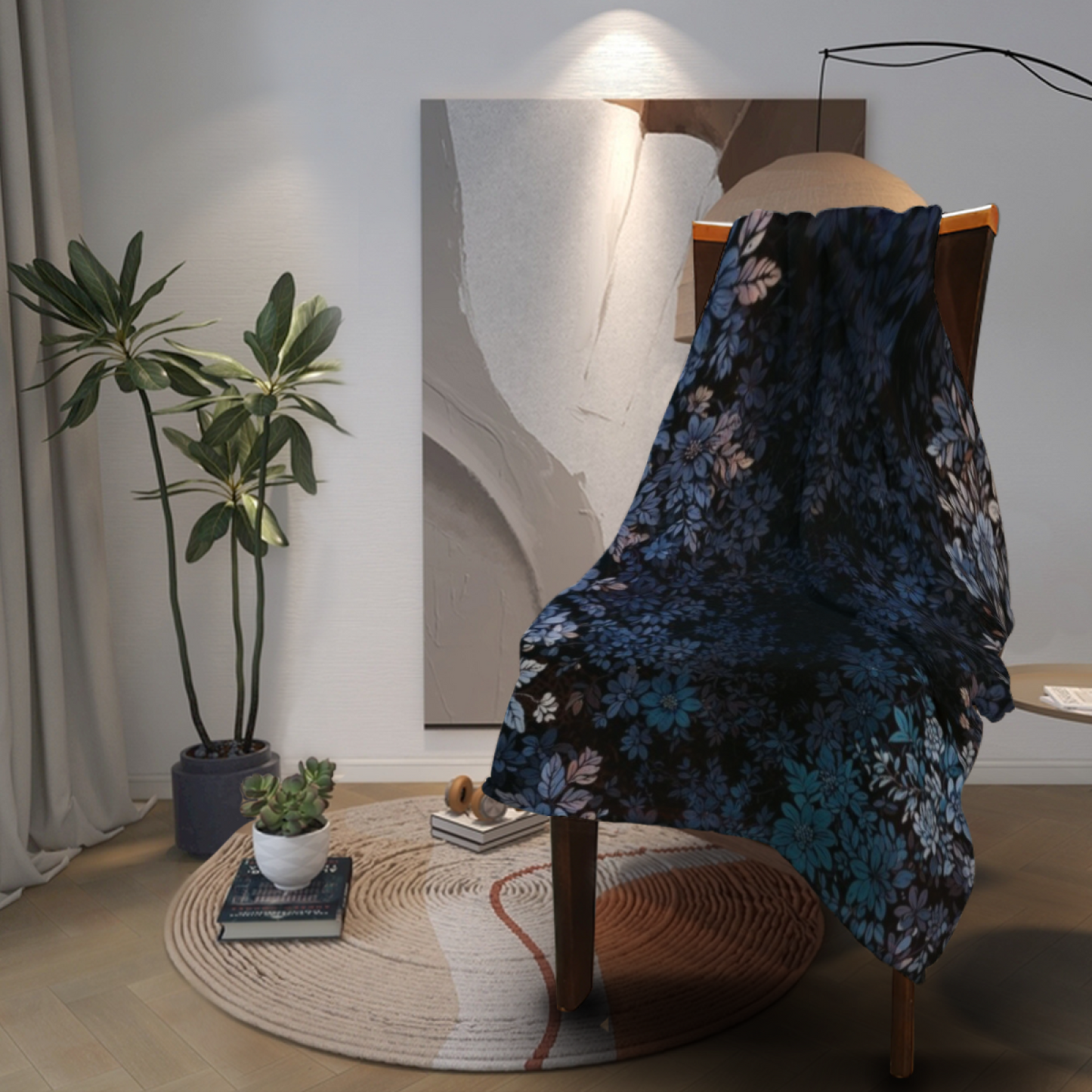 Deep Blue Floral Flannel Throw Blanket ¨C Dark Botanical Pattern