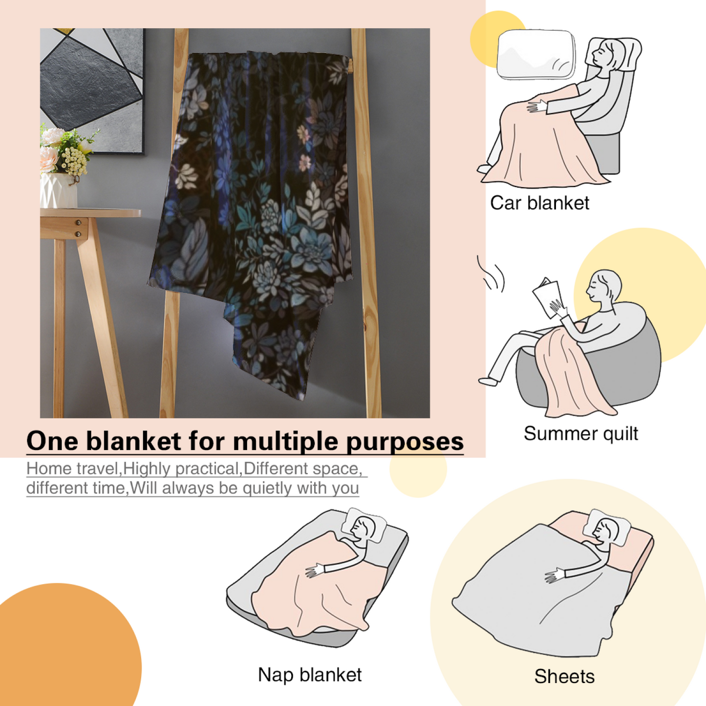 Deep Blue Floral Flannel Throw Blanket ¨C Dark Botanical Pattern