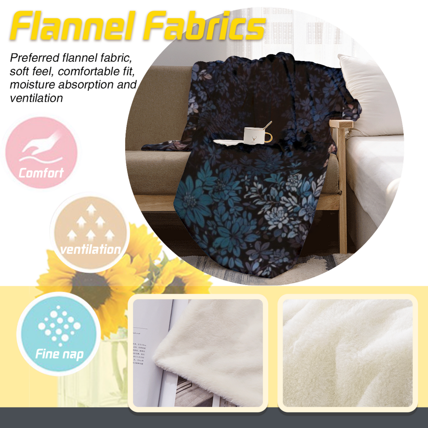 Deep Blue Floral Flannel Throw Blanket ¨C Dark Botanical Pattern