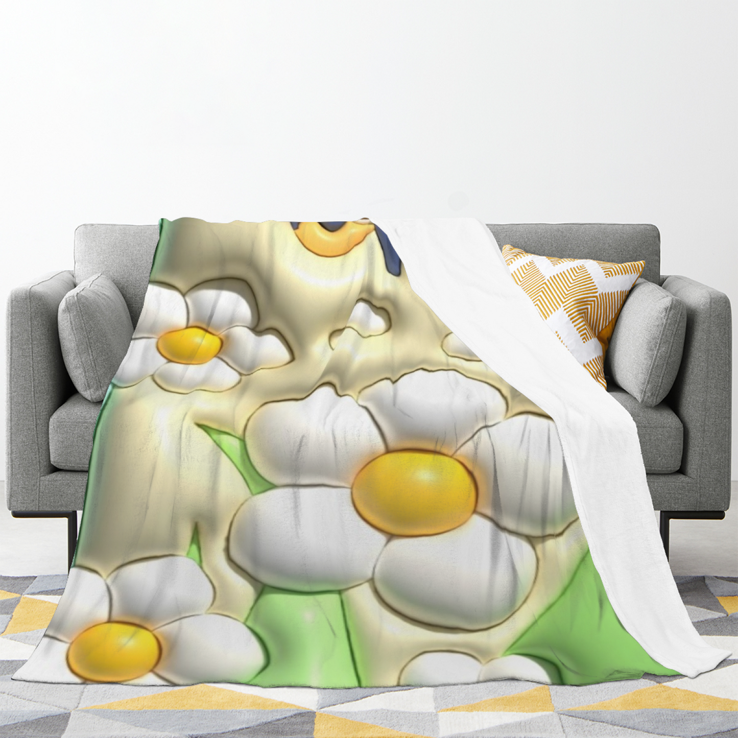 White Daisy Flannel Throw Blanket ¨C Cute Floral Garden Print