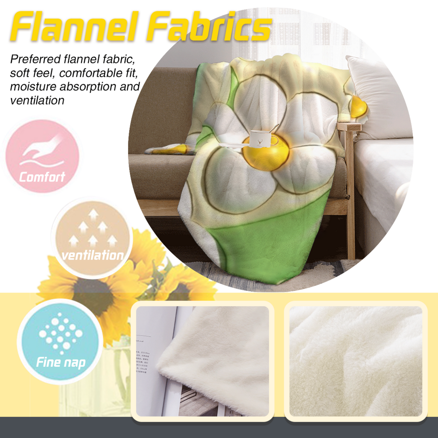 White Daisy Flannel Throw Blanket ¨C Cute Floral Garden Print