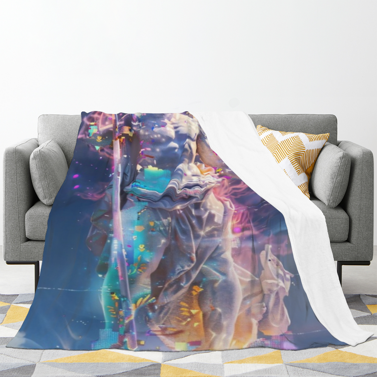 Futuristic Marble Warrior Flannel Throw Blanket ¨C Colorful Cyberpunk Art