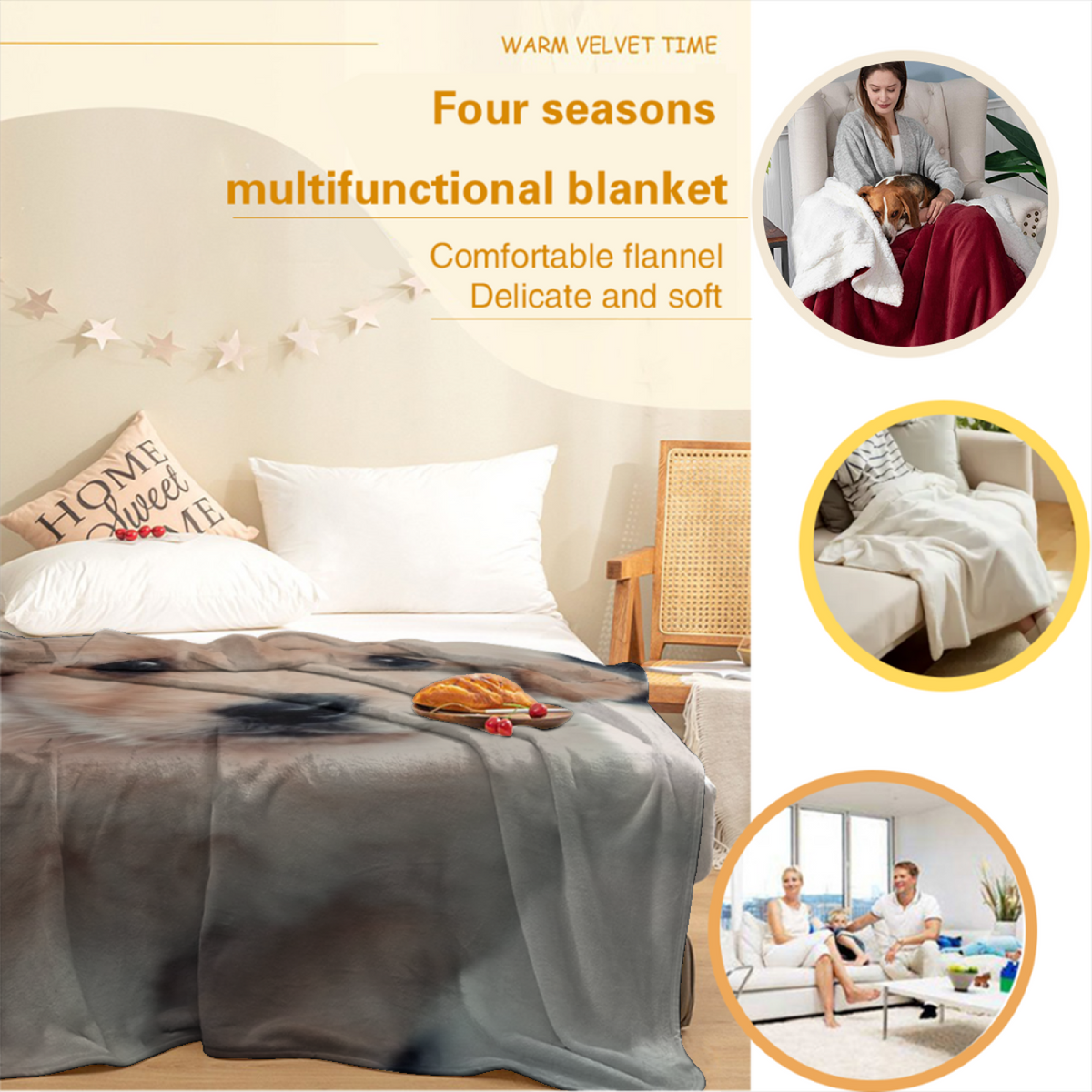 Contemporary Soft Neutral Cobalt Sketch Soft Flannel Blanket