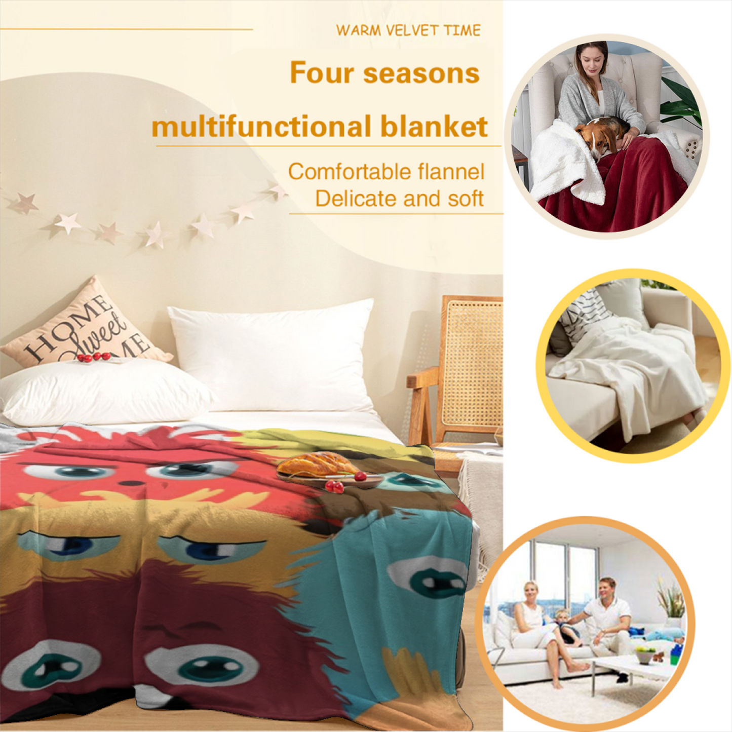 Colorful Cute Monster Flannel Throw Blanket ¨C Fun Cartoon Character Pattern