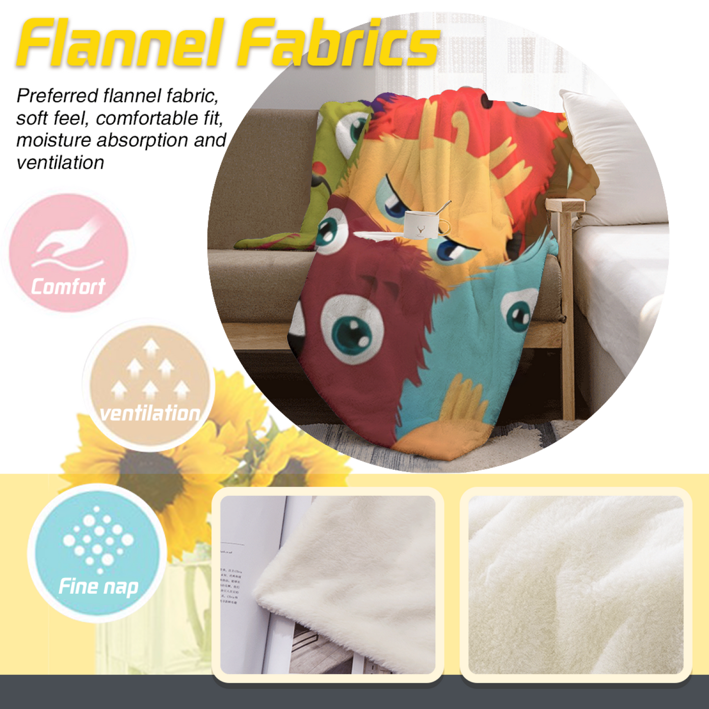 Colorful Cute Monster Flannel Throw Blanket ¨C Fun Cartoon Character Pattern