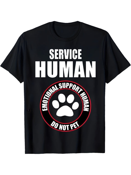 Men's Casual 100% Cotton T-Shirt with "Service Human Support" Print – Breathable, Stretchy Fabric for Everyday & Outdoor Wear, Round Neck, Short Sleeve, Black with White & Red Graphic Design