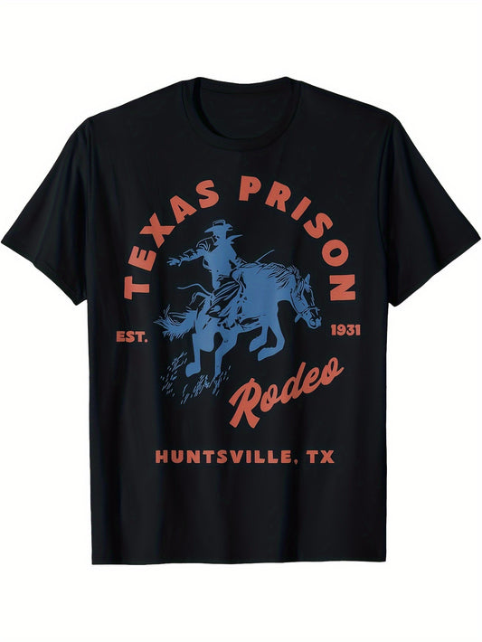 Stylish Western Cowboy Print Crew Neck T-shirt - Men's Cotton Casual Short Sleeve Top - Outdoor Clothing for Men with Comfortable Fit and Classic Design