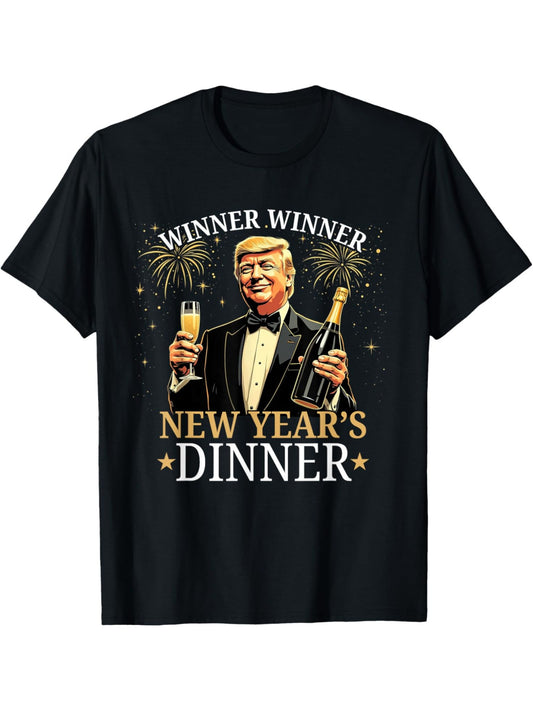 Happy New Year Trump 2025 Winner Winner New Year'S Dinner Retro Trendy Printed T-shirt, Men'S Casual and Comfortable T-shirt Summer, Men'S Short-sleeved Top for Everyday Activities Birthday Gift to Men