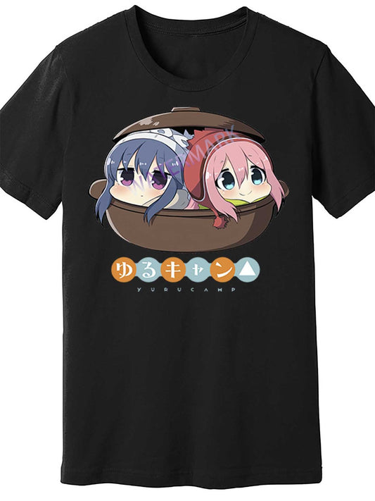 Men's Black Cotton Short Sleeve T-Shirt with Chibi Yuru Camp Anime Design - Casual Round Neck Tee for All Seasons, Machine Washable