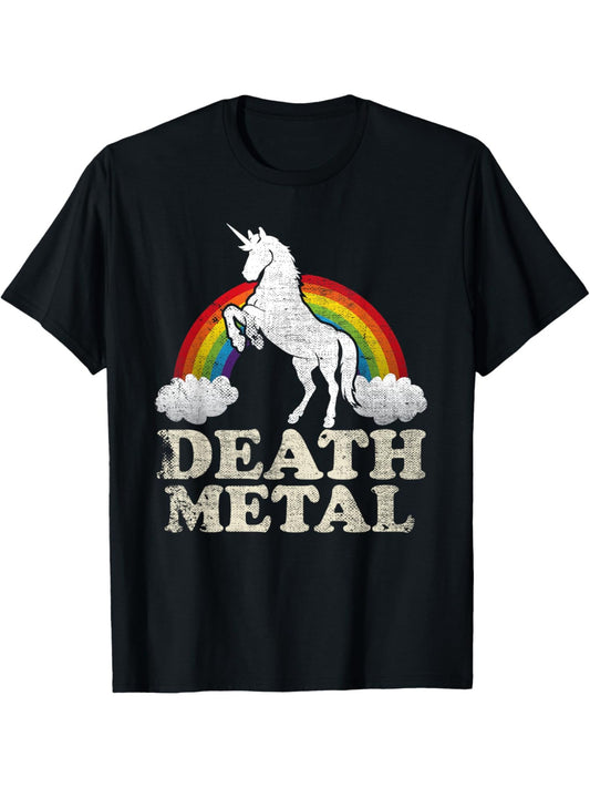 [Everyday Wear] Men's Cotton Crew Neck T-Shirt, Casual Style, Regular Fit, with Death Metal Unicorn and Rainbow Print, for Summer Knit Fabric Tee, Unicorn T Shirt