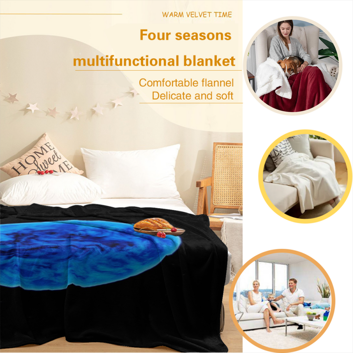 Tangerine Meadow Home Accent Soft Flannel Blanket ¨C Deep Ocean