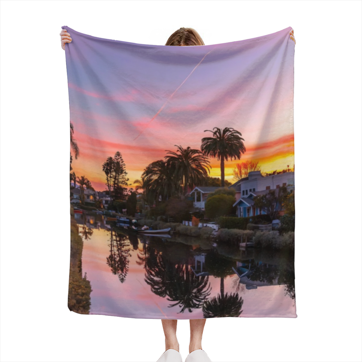 Sunset Canal Flannel Throw Blanket ¨C Palm Trees and Waterfront Landscape