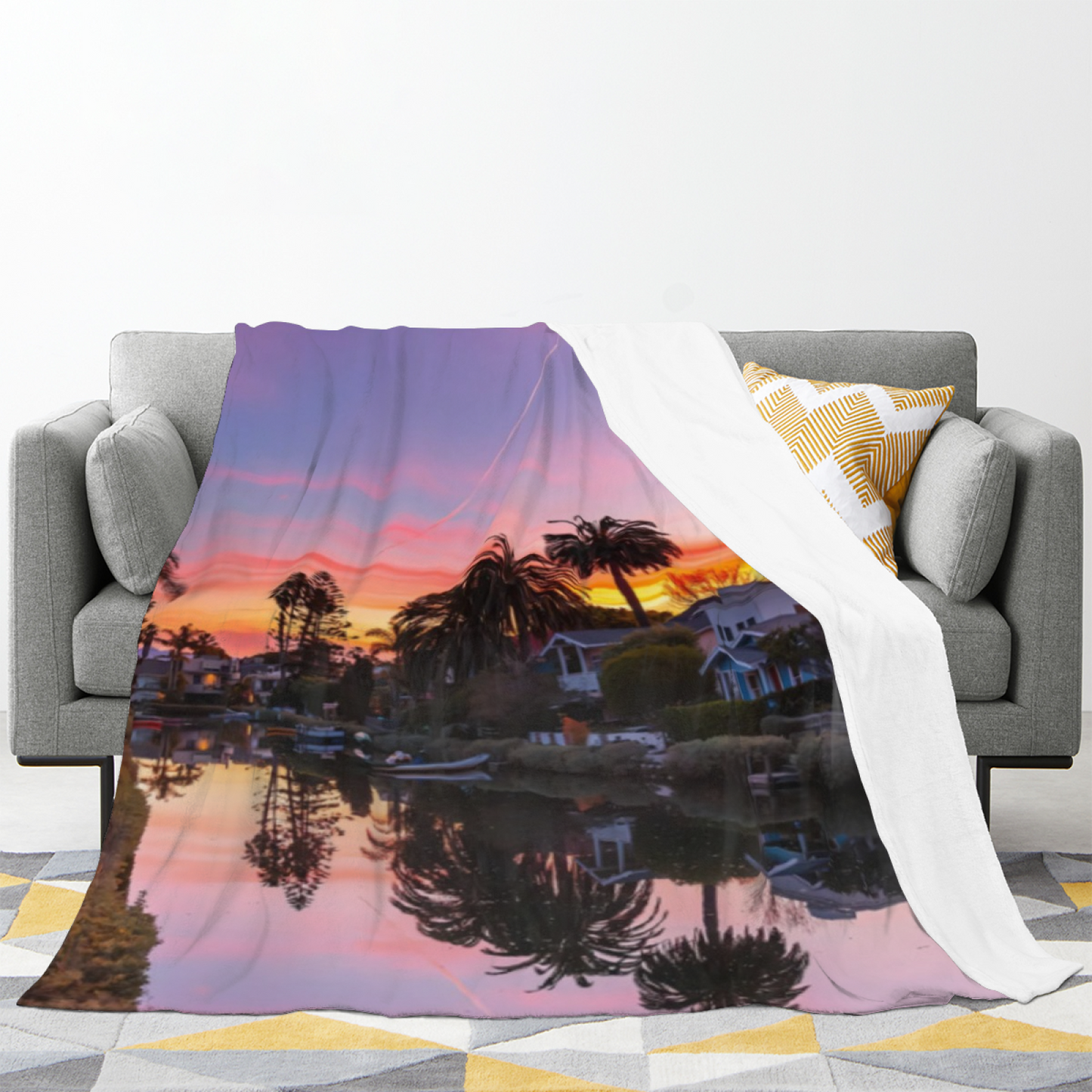 Sunset Canal Flannel Throw Blanket ¨C Palm Trees and Waterfront Landscape