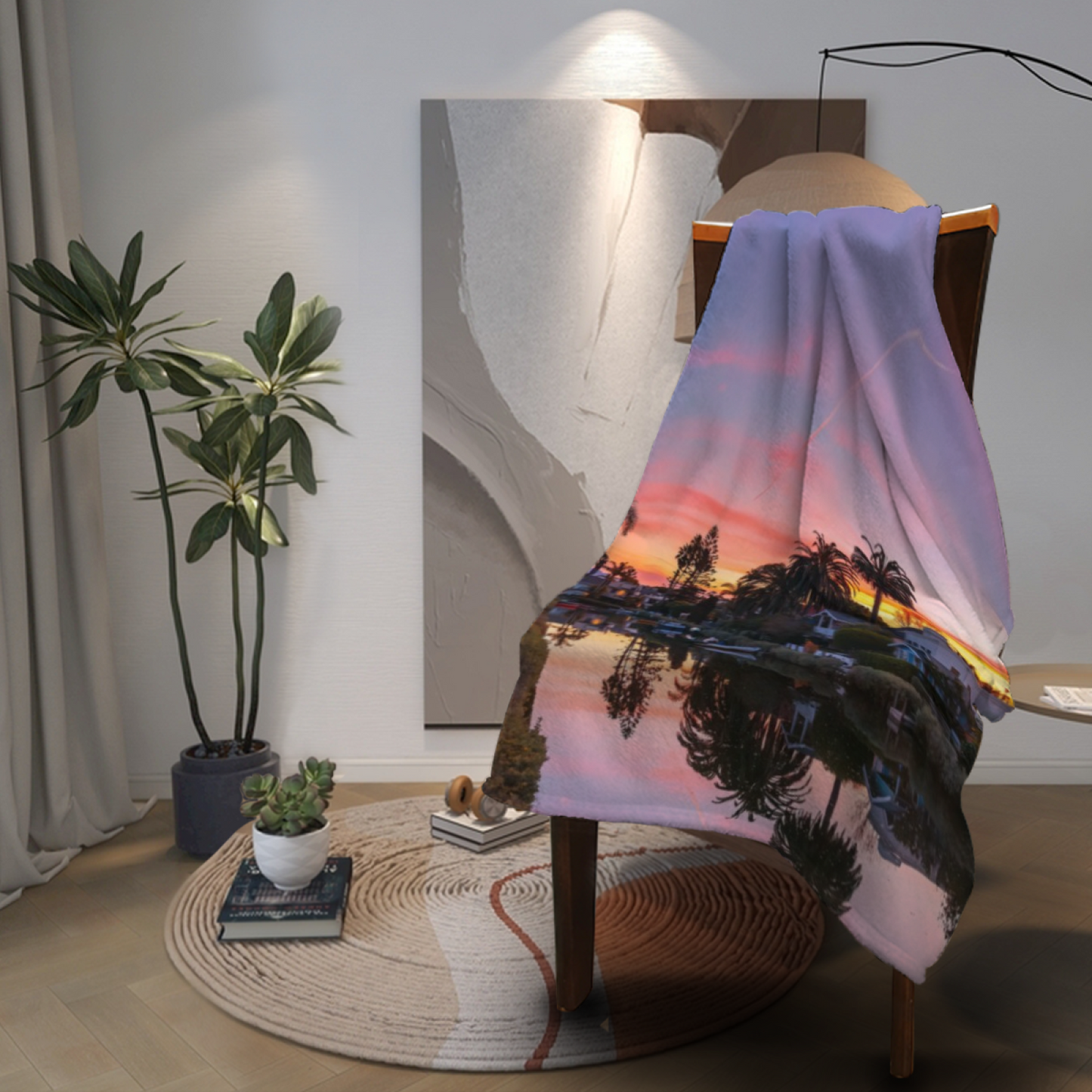 Sunset Canal Flannel Throw Blanket ¨C Palm Trees and Waterfront Landscape