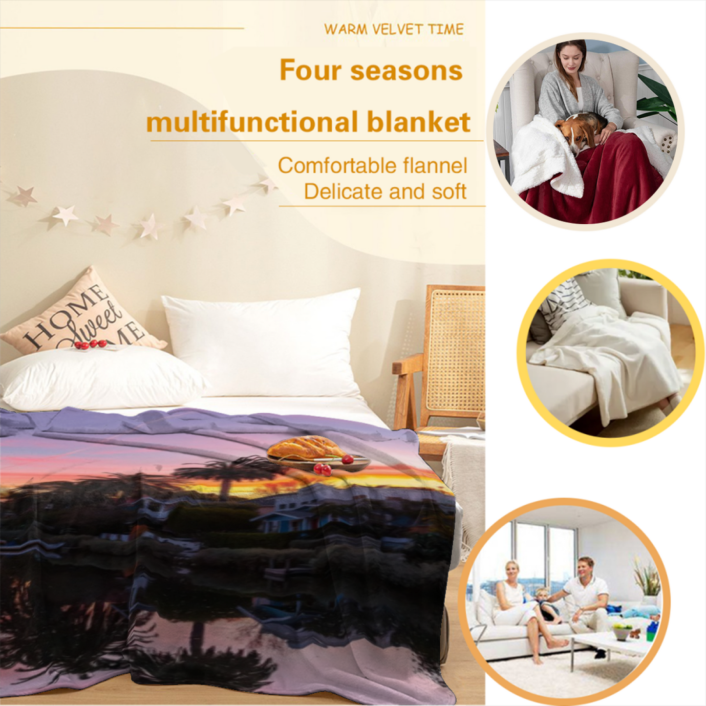 Sunset Canal Flannel Throw Blanket ¨C Palm Trees and Waterfront Landscape