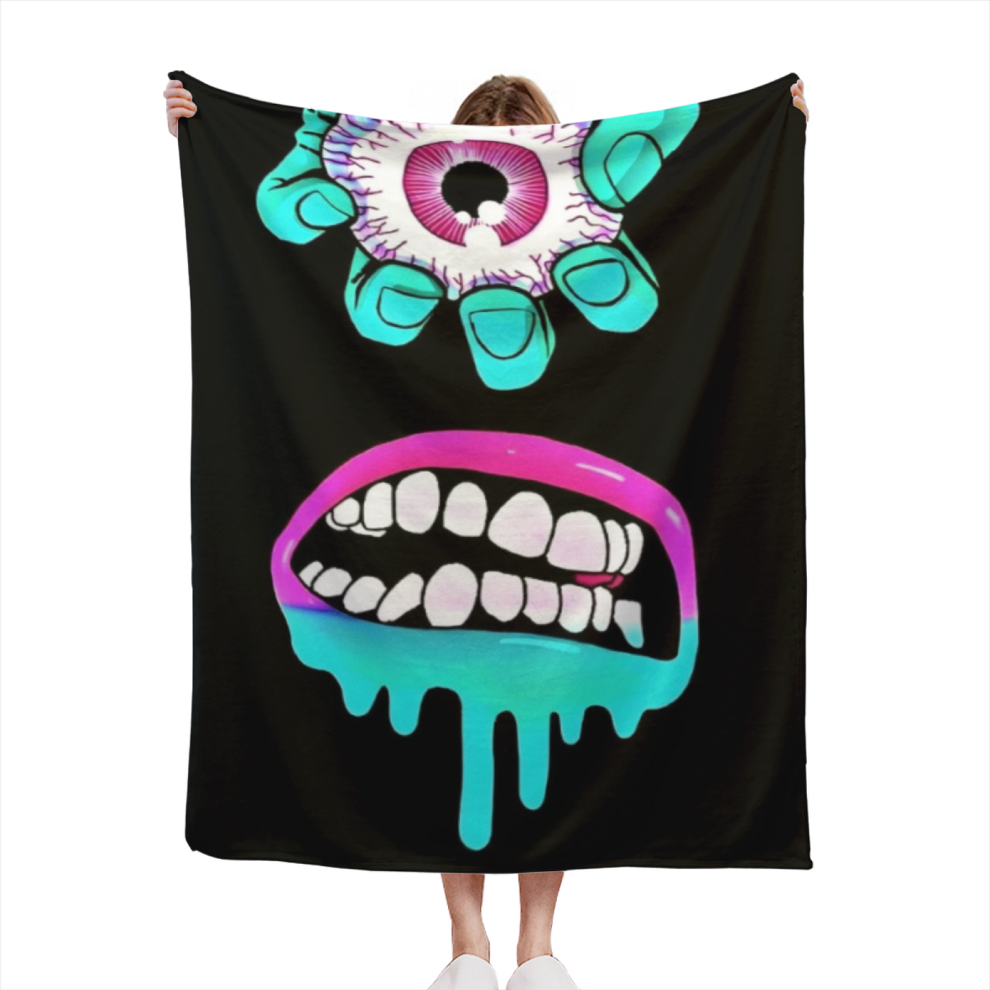 Creepy Cartoon Horror Flannel Throw Blanket ¨C Dark Eyeball and Teeth Design