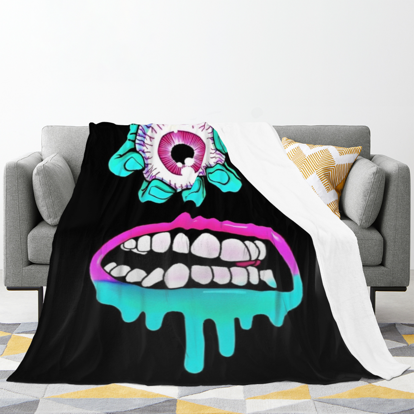 Creepy Cartoon Horror Flannel Throw Blanket ¨C Dark Eyeball and Teeth Design