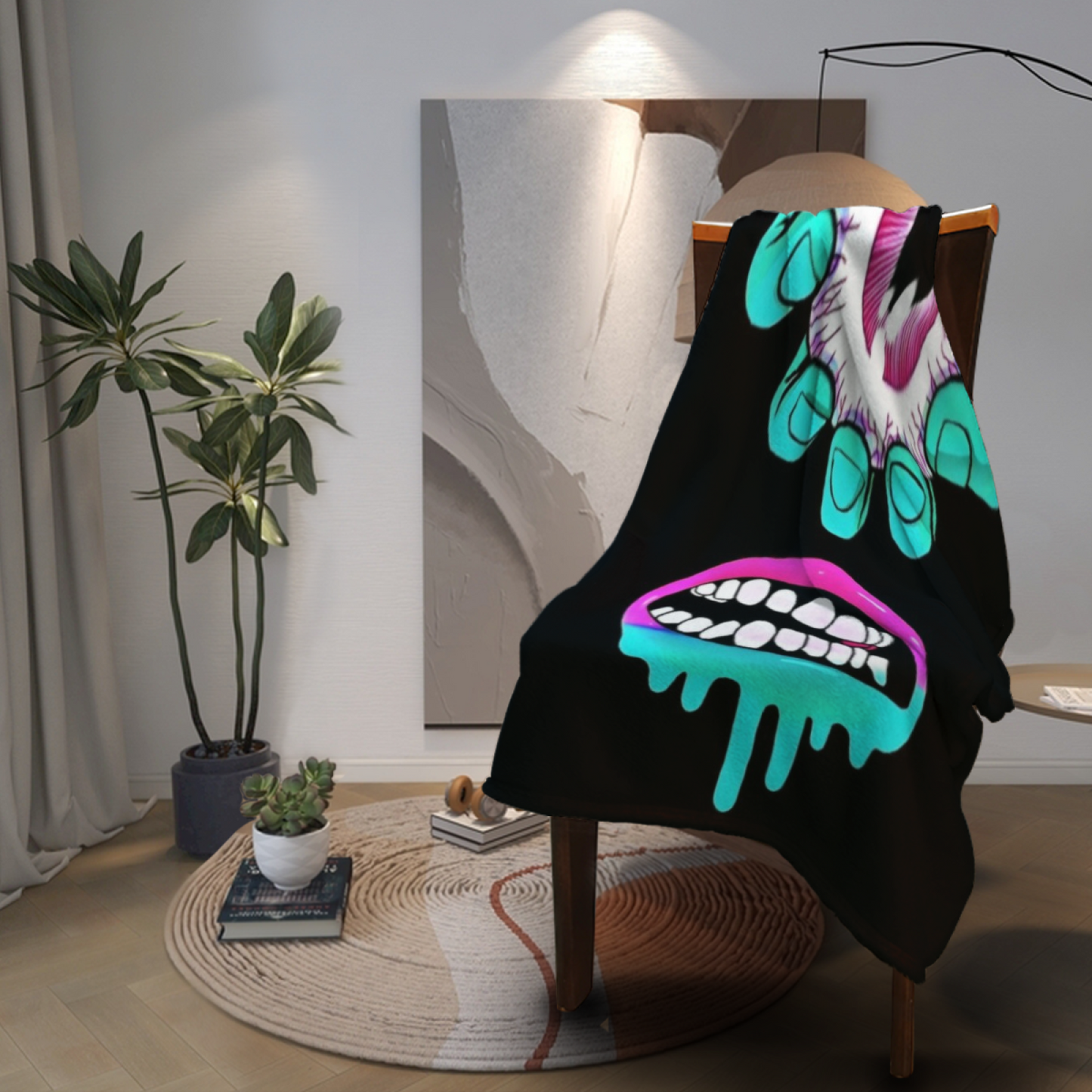 Creepy Cartoon Horror Flannel Throw Blanket ¨C Dark Eyeball and Teeth Design