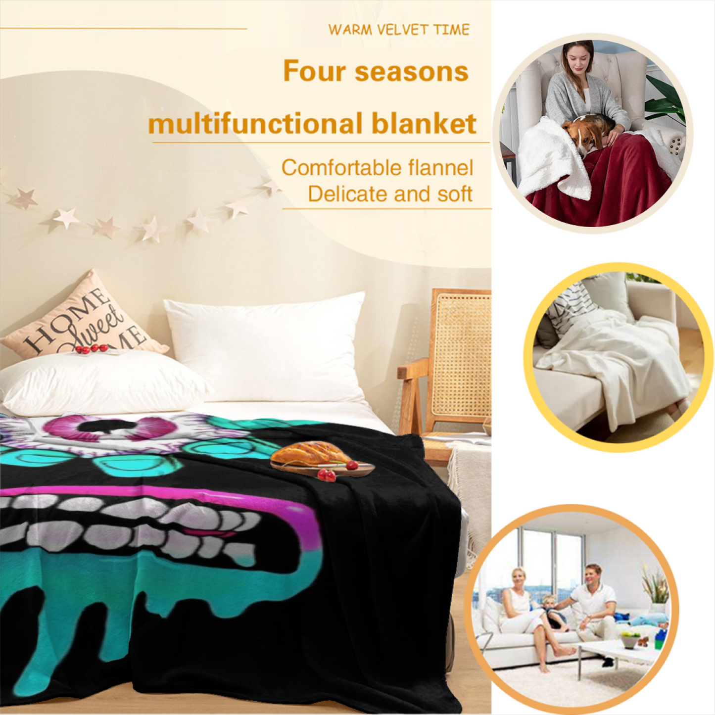 Creepy Cartoon Horror Flannel Throw Blanket ¨C Dark Eyeball and Teeth Design