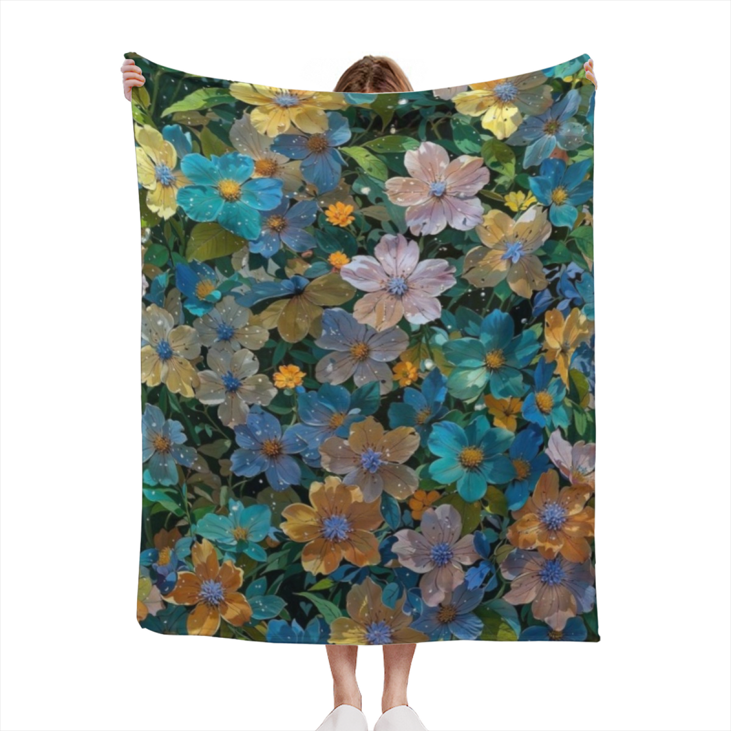 Colorful Floral Flannel Throw Blanket ¨C Blue, Yellow and Pink Garden Print