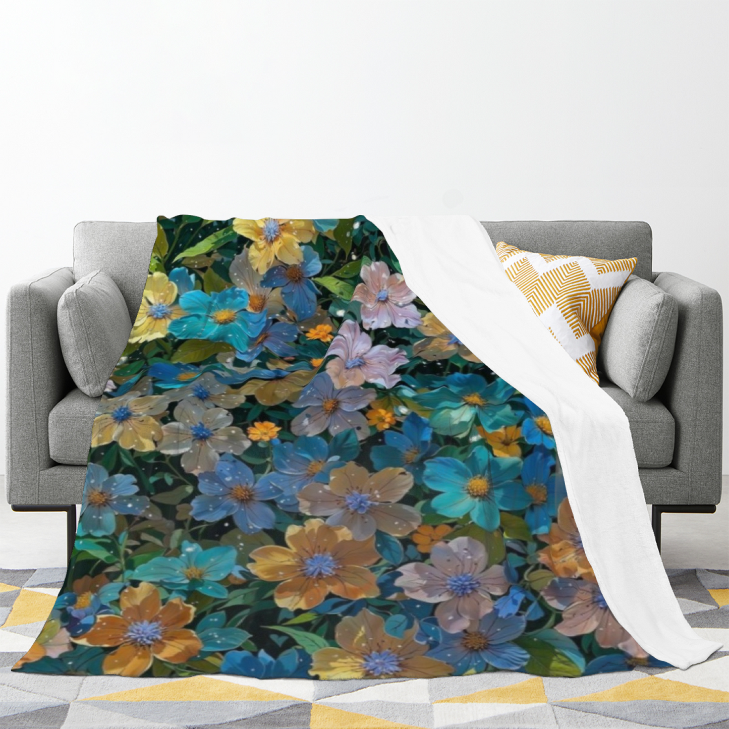 Colorful Floral Flannel Throw Blanket ¨C Blue, Yellow and Pink Garden Print
