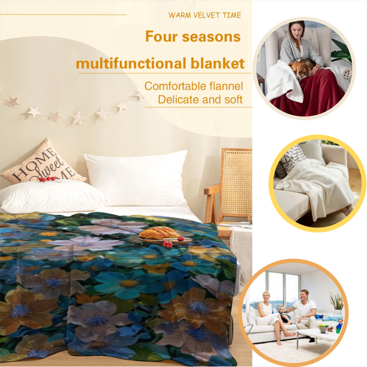 Colorful Floral Flannel Throw Blanket ¨C Blue, Yellow and Pink Garden Print