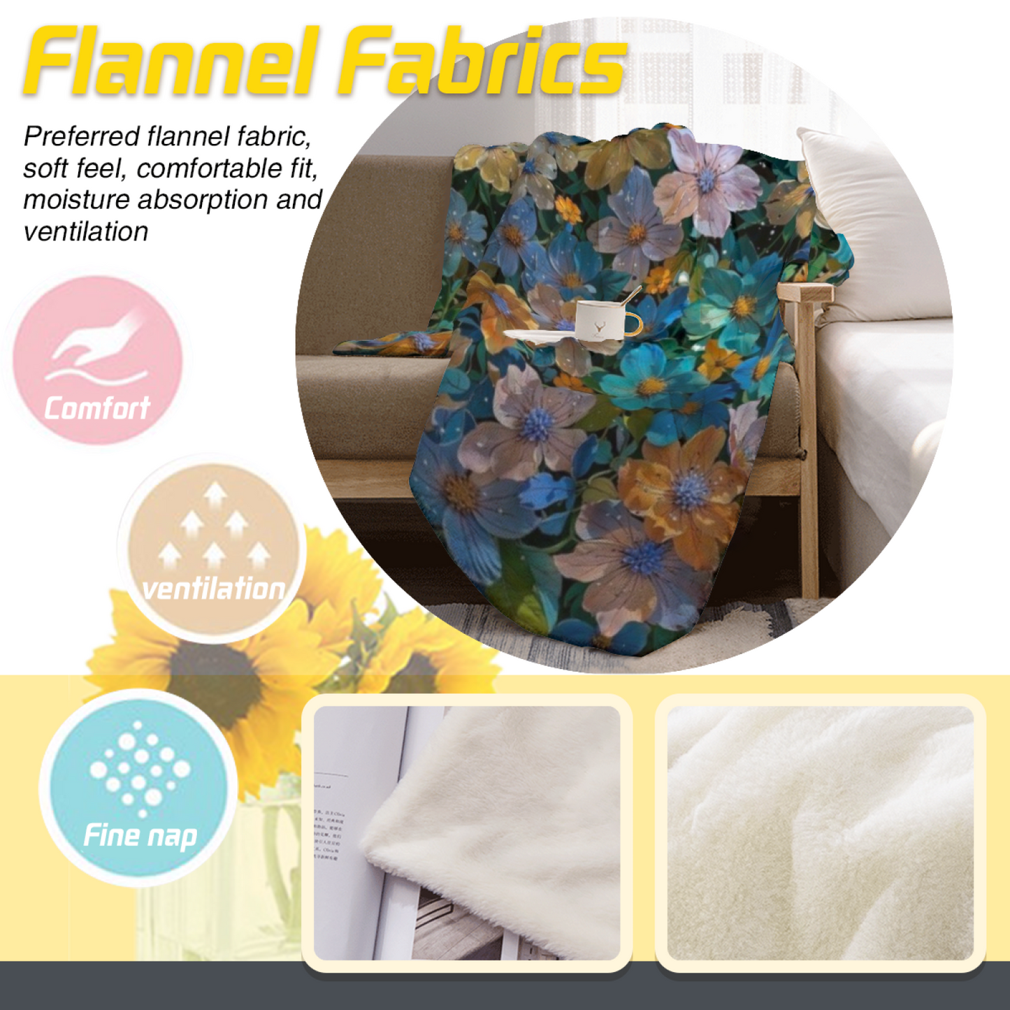 Colorful Floral Flannel Throw Blanket ¨C Blue, Yellow and Pink Garden Print