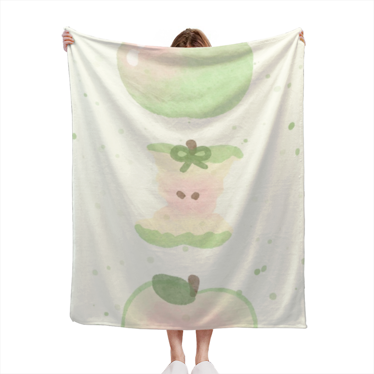 Pastel Apple Character Flannel Throw Blanket ¨C Soft Green Kawaii Design