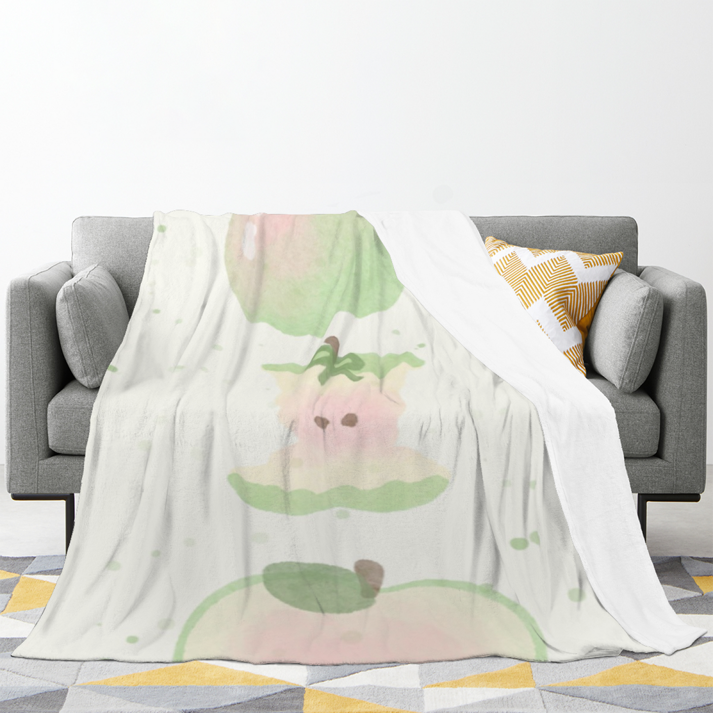Pastel Apple Character Flannel Throw Blanket ¨C Soft Green Kawaii Design