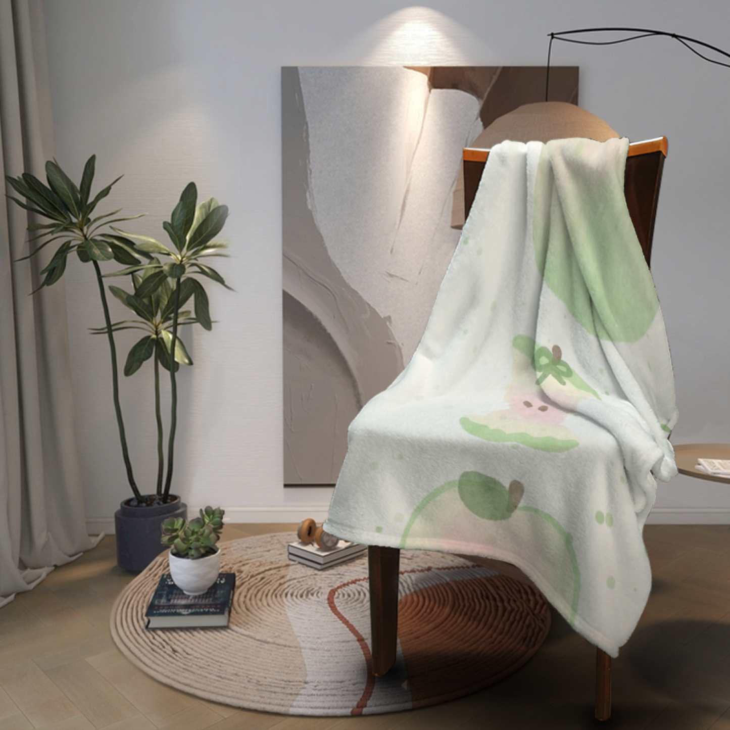 Pastel Apple Character Flannel Throw Blanket ¨C Soft Green Kawaii Design