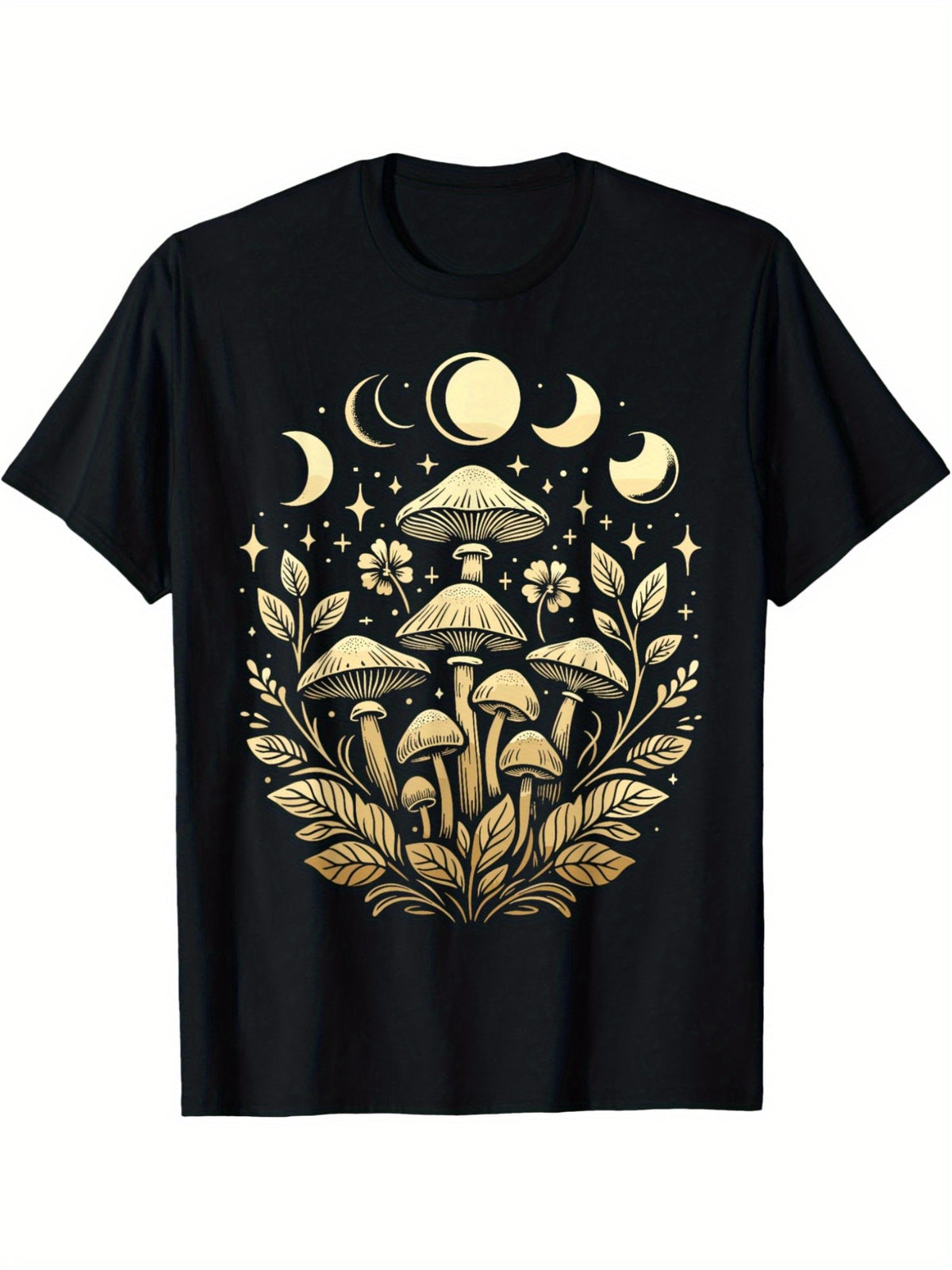 Men's Cottagecore-Inspired Mushroom & Moon Graphic T-Shirt - 100% Cotton, Comfortable & Breathable, Short-Sleeved Casual Tee for Casual Attire, Ideal Gift for Him, Leisure Style, Conventional Version, Summer