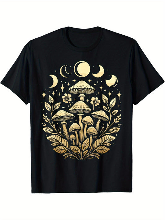 Men's Cottagecore-Inspired Mushroom & Moon Graphic T-Shirt - 100% Cotton, Comfortable & Breathable, Short-Sleeved Casual Tee for Casual Attire, Ideal Gift for Him, Leisure Style, Conventional Version, Summer