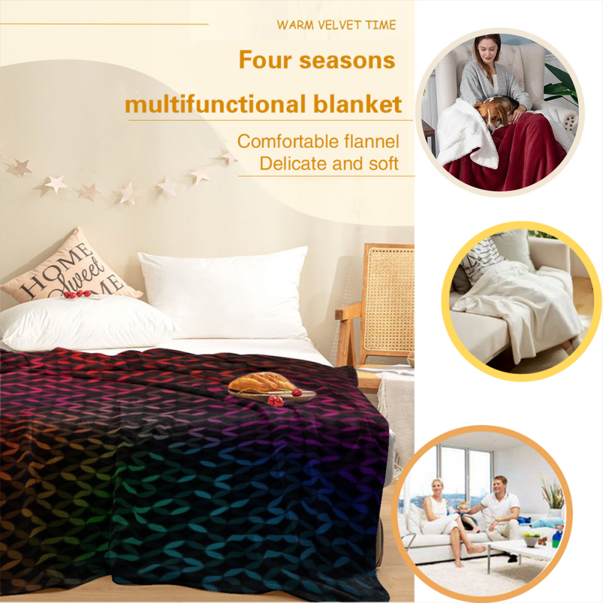 Soft Neutral Indigo Petal Plush Flannel Throw