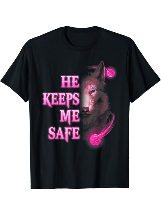 He Keeps Me Safe Couple Wolf He Keeps Me Wild Funny Valentines Day Quote Retro Trendy Printed T-shirt, Men'S Casual and Comfortable T-shirt Summer, Men'S Short-sleeved Top for Everyday Activities Birthday Gift to Men