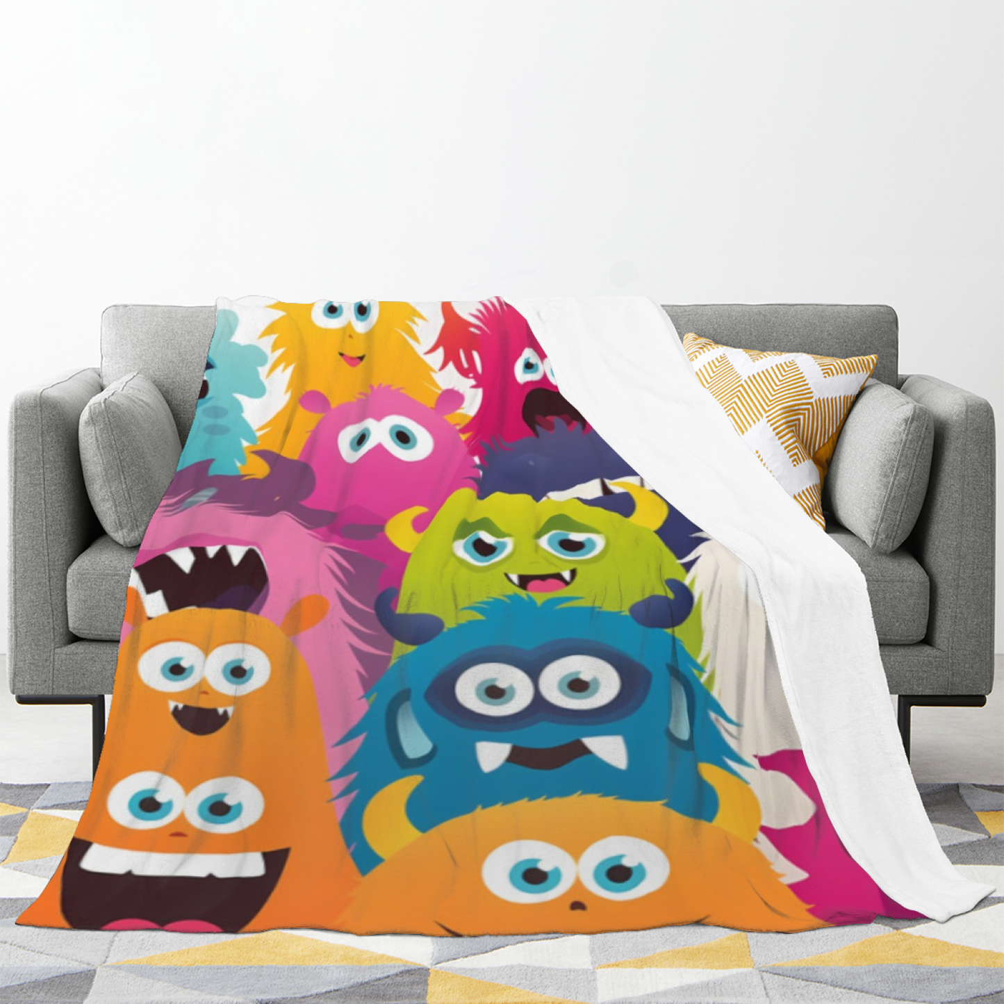 Colorful Cartoon Monsters Flannel Throw Blanket ¨C Fun Multicolor Character Pattern