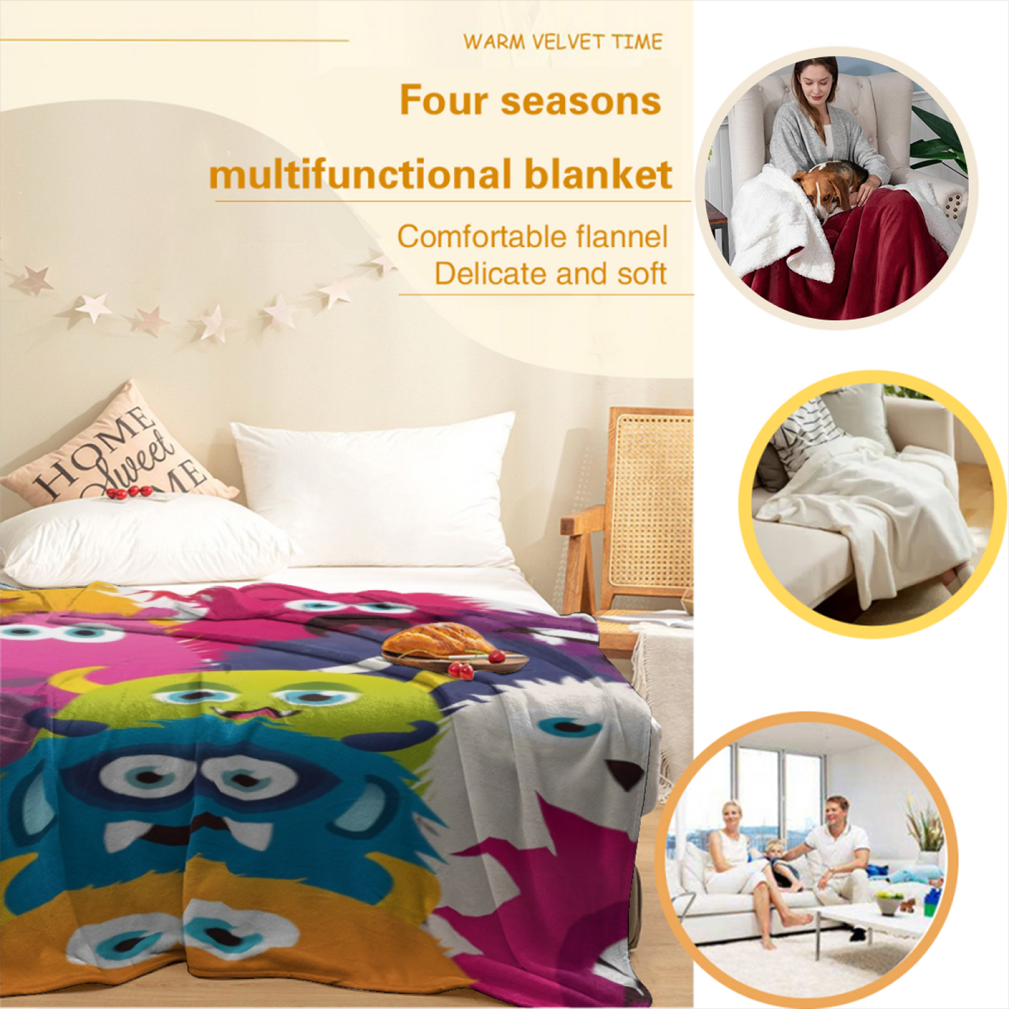Colorful Cartoon Monsters Flannel Throw Blanket ¨C Fun Multicolor Character Pattern