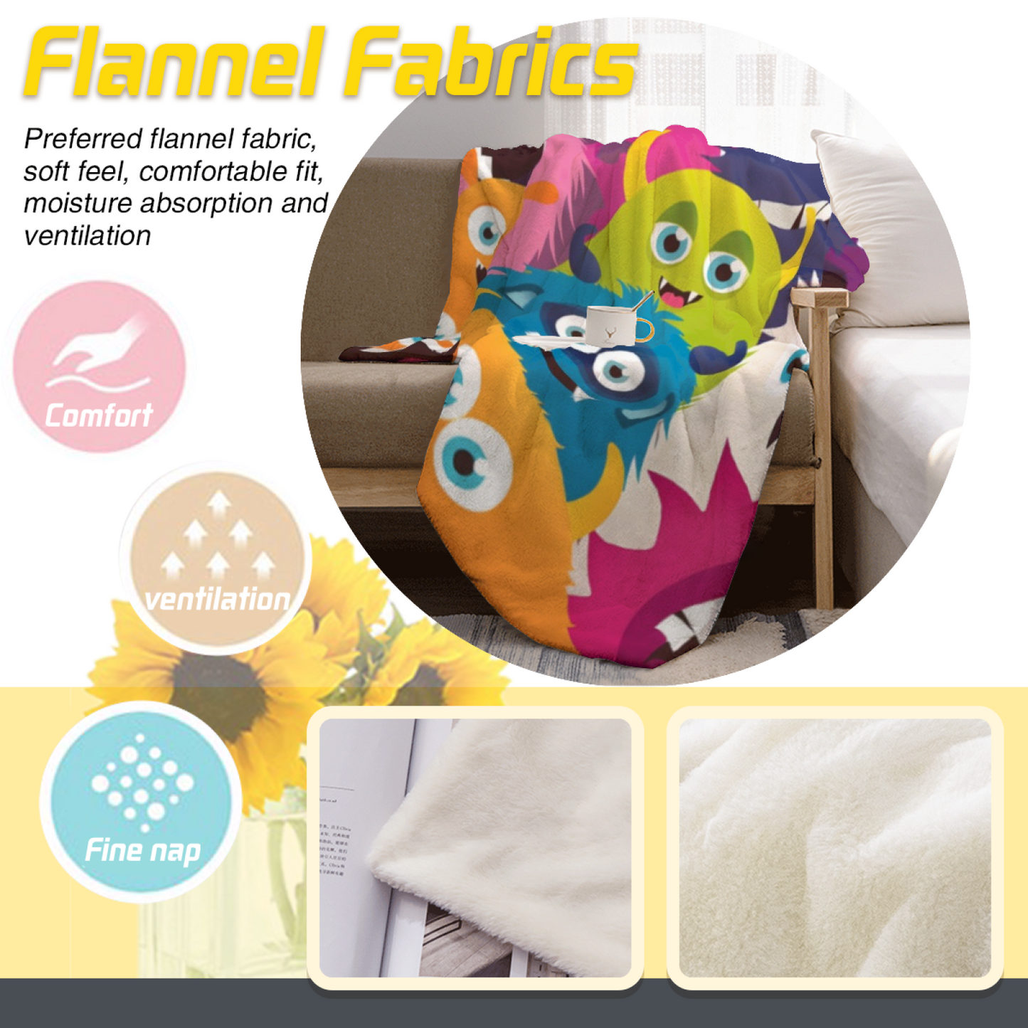 Colorful Cartoon Monsters Flannel Throw Blanket ¨C Fun Multicolor Character Pattern