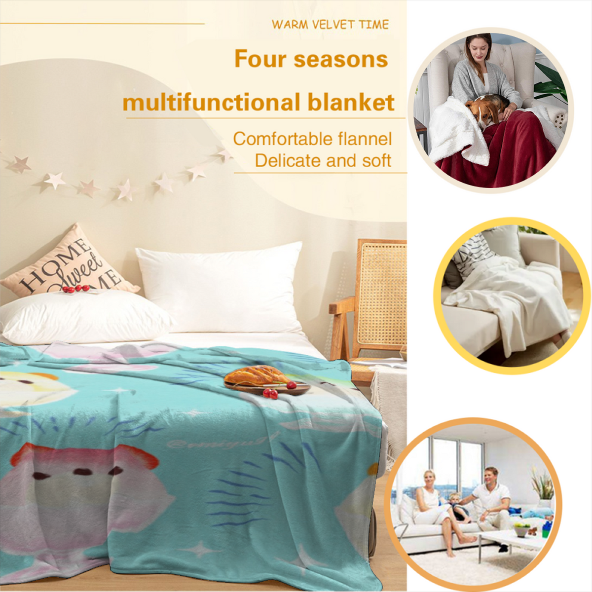 Lagoon Mosaic Ivory Artistic Cozy Flannel Bed Blanket