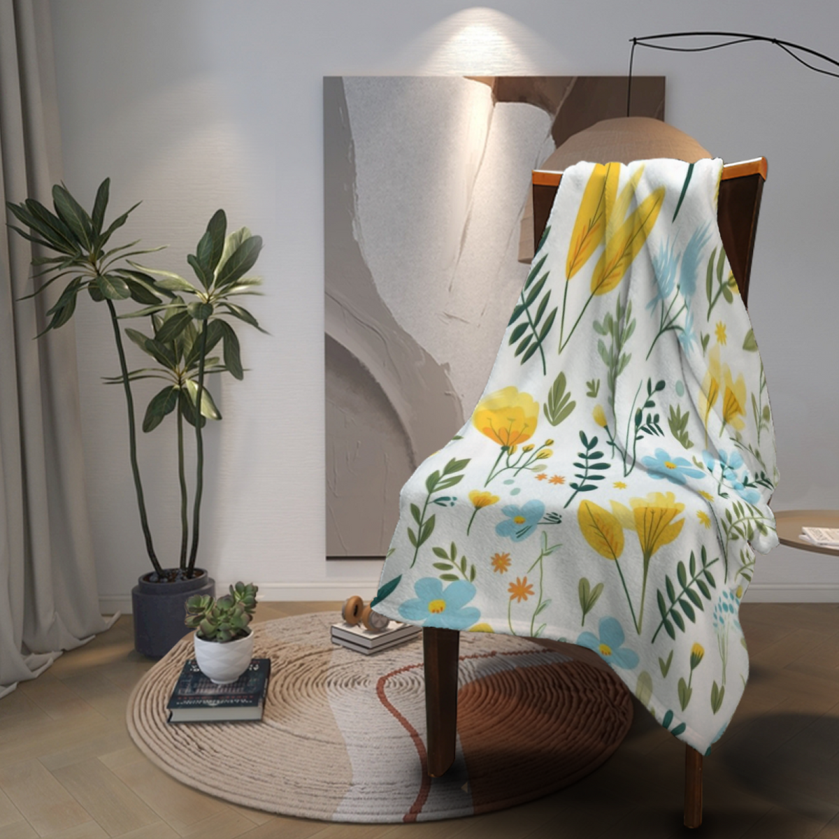 Coastal Flora Creamy Ivory Modern Art Decorative Flannel Blanket