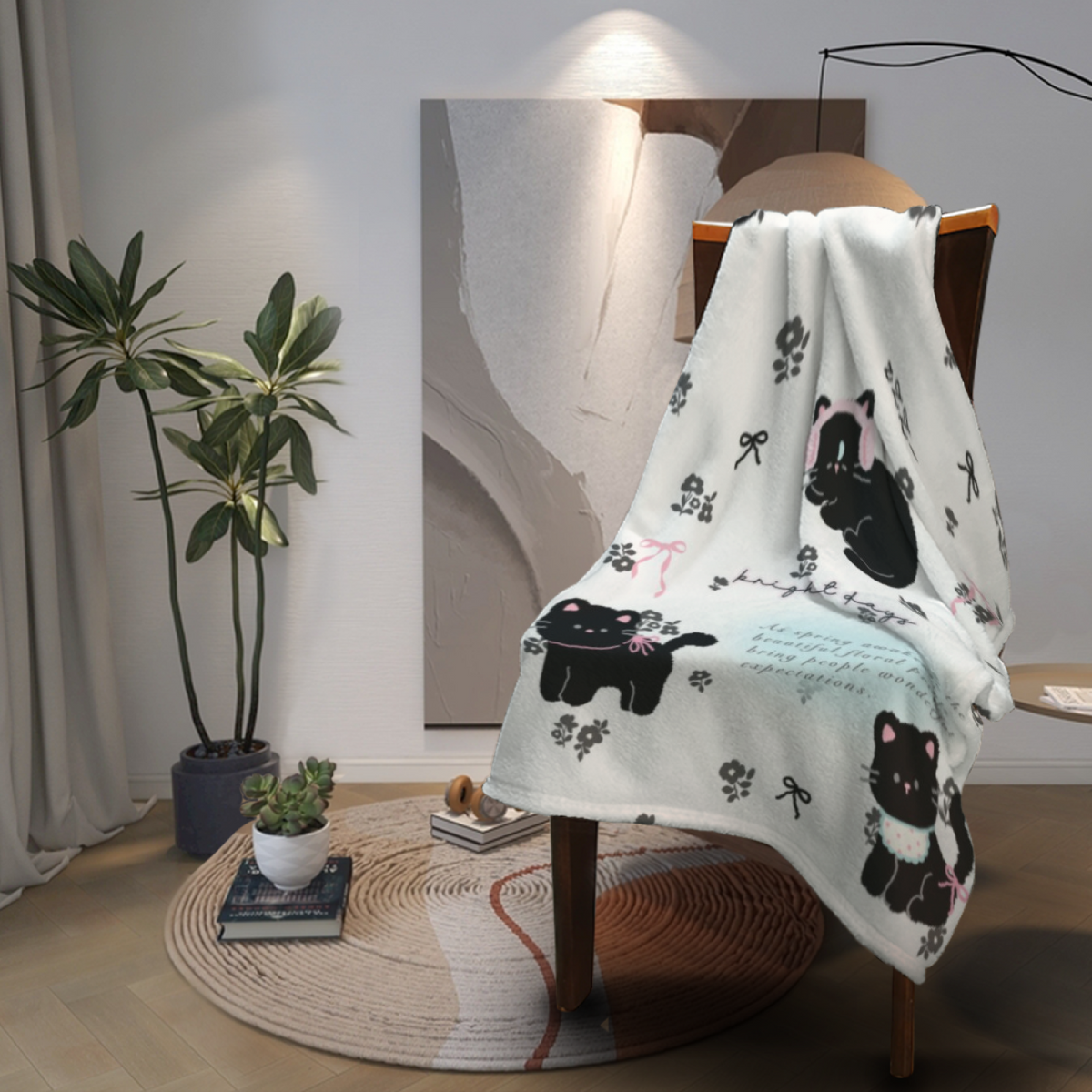 Mossy Lantern Expressive Print Cozy Flannel Bed Blanket in Creamy Ivory
