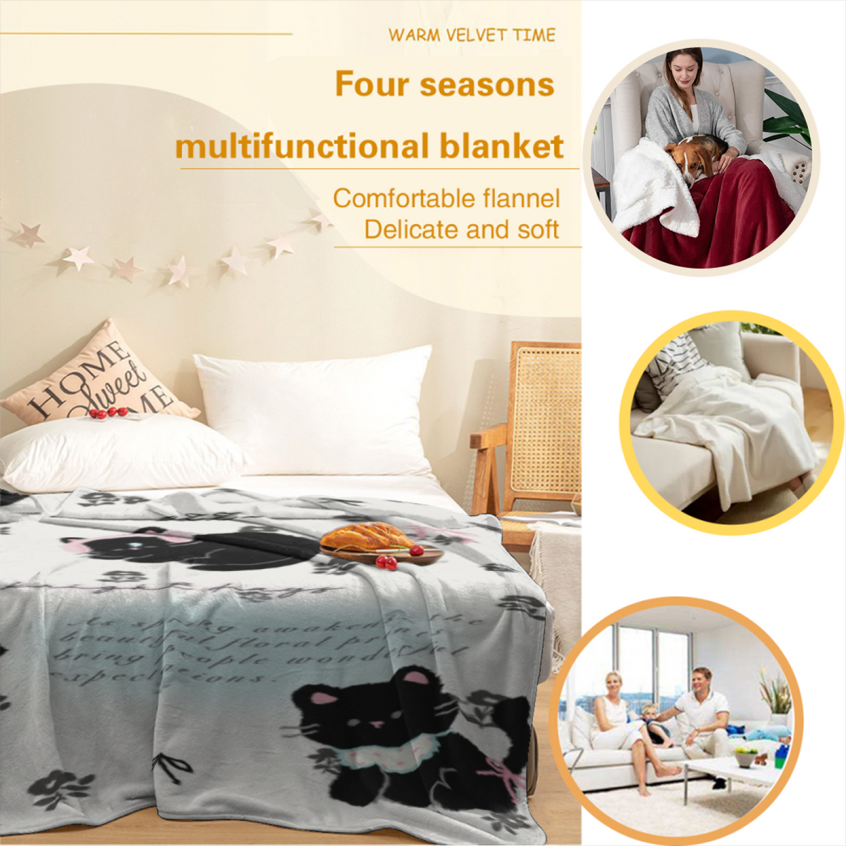 Mossy Lantern Expressive Print Cozy Flannel Bed Blanket in Creamy Ivory