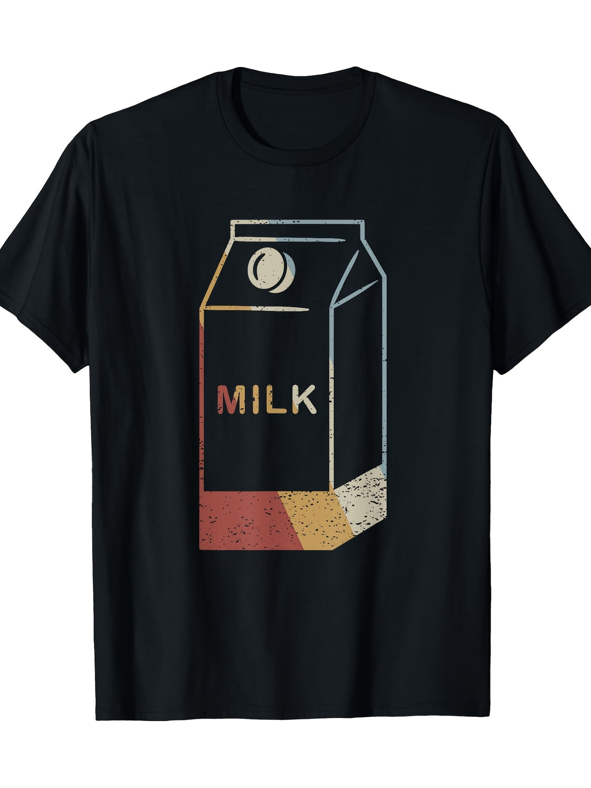 Digital Print Top| Retro-Inspired Milk Carton Graphic Tee - 100% Cotton, 220g, Short Sleeve, Crew Neck in Black with Colorful Accents - Casual All-Season Wear for Men