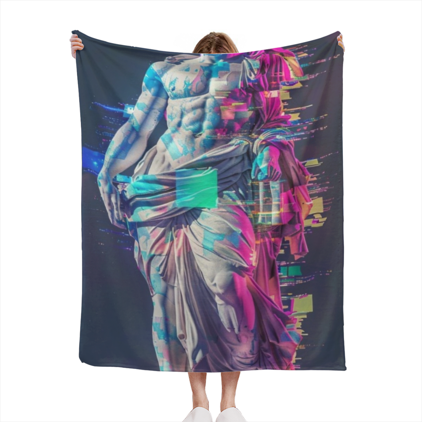 Cyberpunk Marble Statue Flannel Throw Blanket ¨C Glitch Art and Neon Design