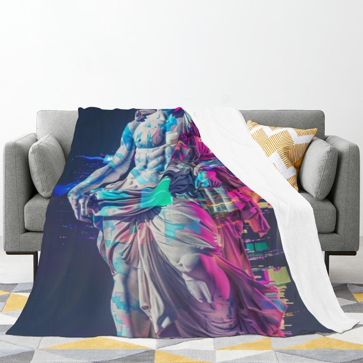 Cyberpunk Marble Statue Flannel Throw Blanket ¨C Glitch Art and Neon Design