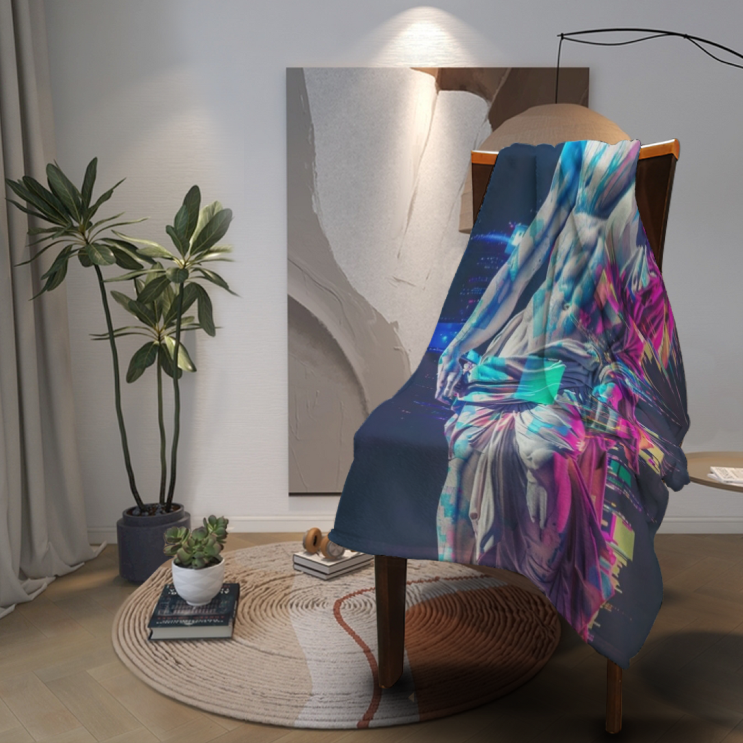 Cyberpunk Marble Statue Flannel Throw Blanket ¨C Glitch Art and Neon Design