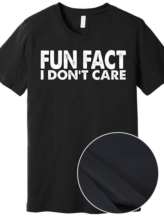 Fun Fact I Don’t Care Men’s Graphic T-Shirt - Black Casual Short Sleeve Tee, Machine Washable, Round Neck, Medium Stretch Fabric, Humorous Design for Casual Attire, Graphic Tee | Crew Neck Tee | Comfortable Wear